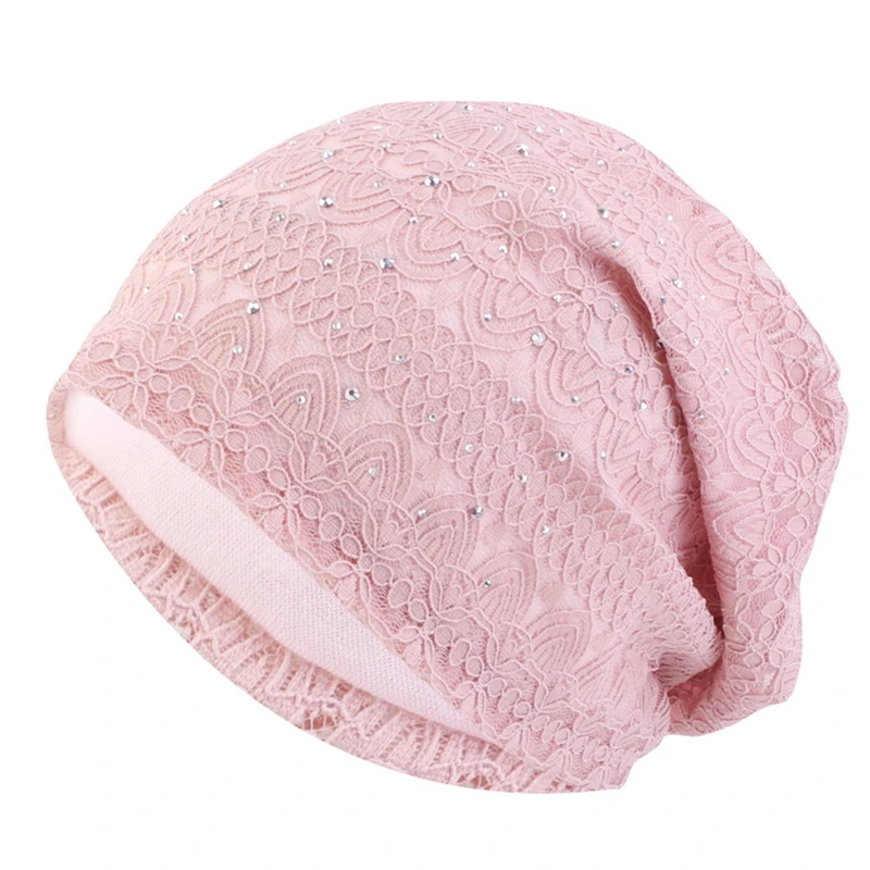 Crystal Lace Beanies Hat Women Slouchy Knit Hats Flower Headscarf Cap Ladies Comfortable Fashion Skullies Turban Hair Cover 5