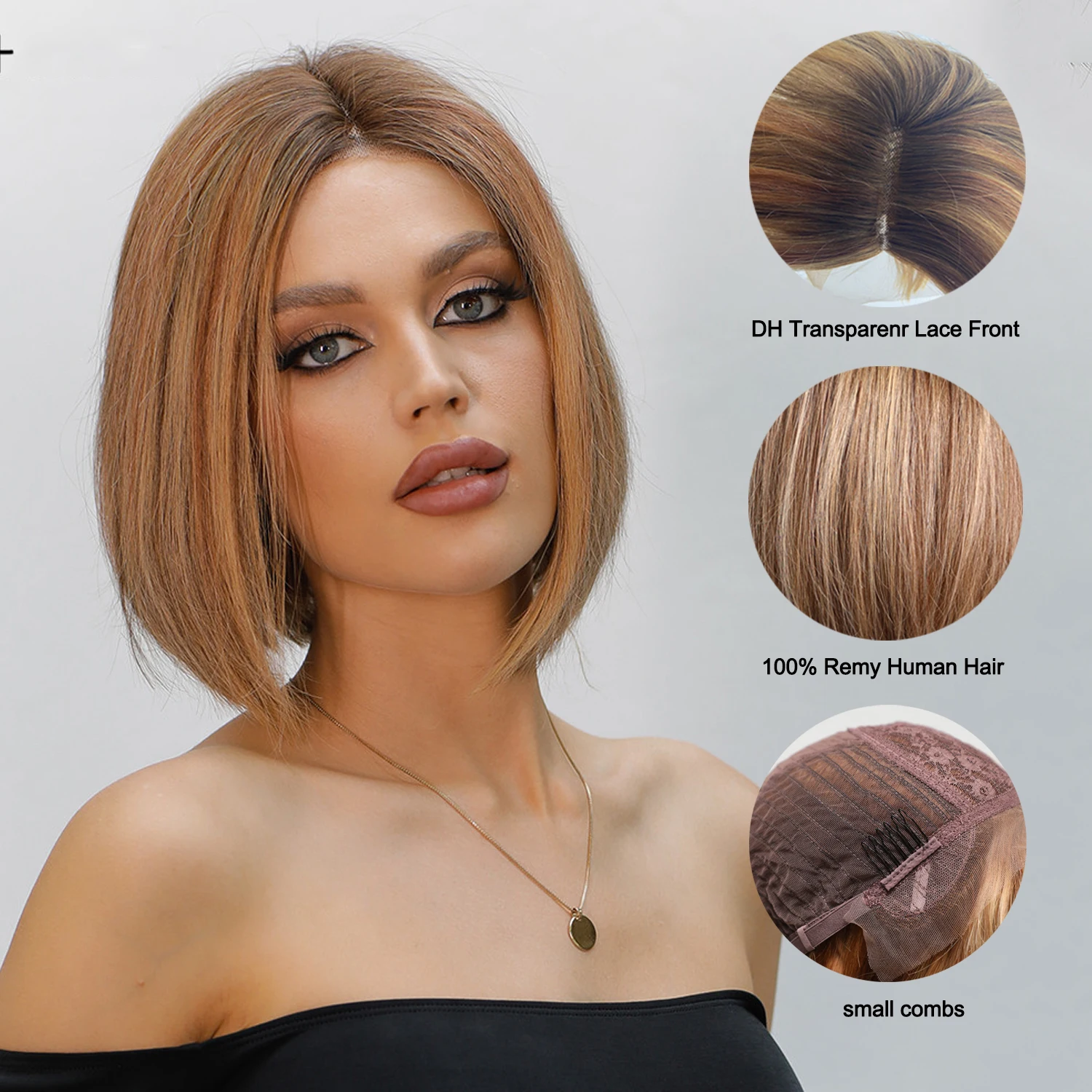 HAIRCUBE Brown Short Straight Wigs for Women 13*1 Lace Front Human Hair Wig Women's Middle Parted Ombre Blonde Bob Remy Hair Wig