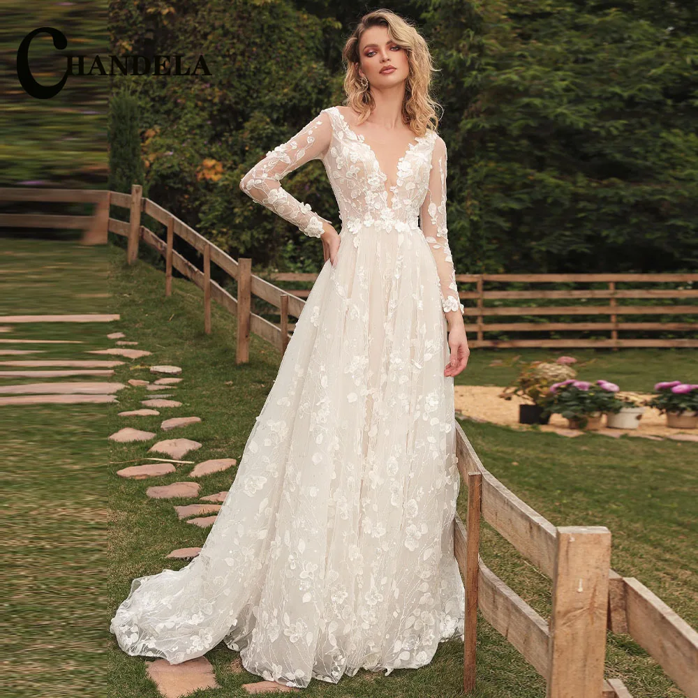 

CHANDELA Delicate Wedding Dresses Scoop Long Sleeves A-Line Appliques Bridal Gown Vestido De Casamento Customised For Women