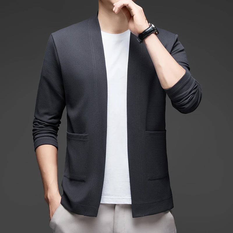 Neue Herren-Business-Casual-Langarm-Umhangjacke in einfarbiger Farbe, gestrickt, bequem und modisch, vielseitiges Oberteil für die ganze Saison – Detail 13