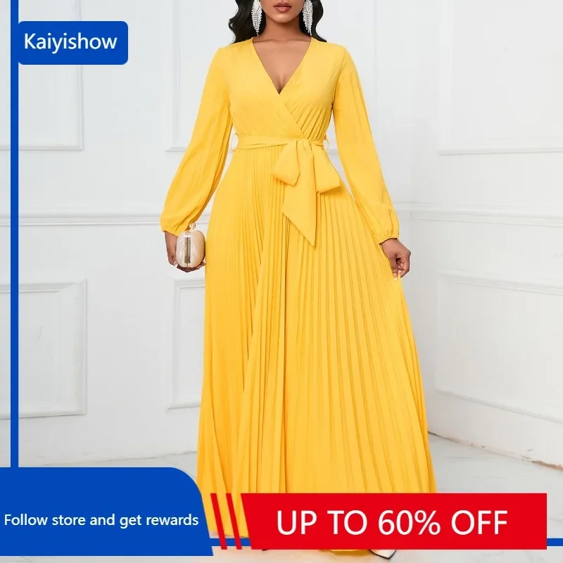 

Elegant African Dresses for Women Autumn African Long Sleeve V-neck Pleat High Waist Long Maxi Dress Dashiki African Clothing
