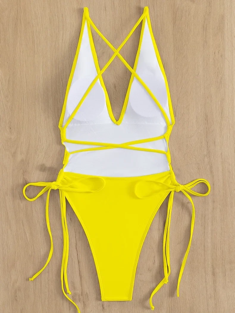 Sexy Deep V Neck One Piece Swimsuit Women Solid Yellow White Hollow Out Pleate Swimwear Beach Bandage Bathing Suit Monokini