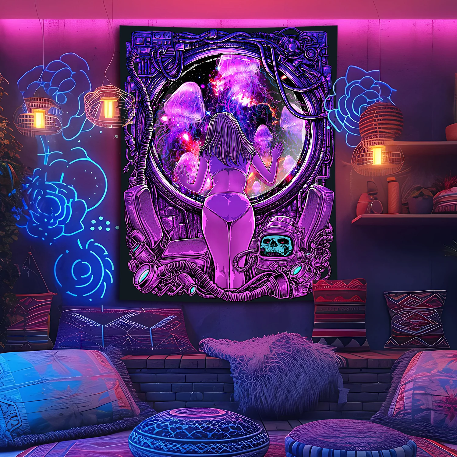 Tapestry Decor Canvas Girl Looking At Jellyfish UV Reactive Galaxy Space Tapestries For Wall Hanging