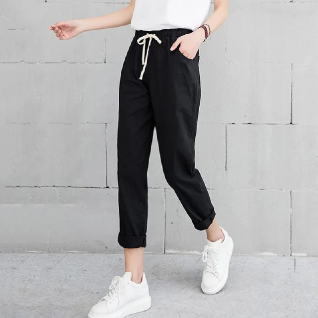Women Casual Harajuku Long Ankle Length Trousers 2022 Summer Autumn Large Solid Elastic Waist Cotton Linen Pants Black Pants Black