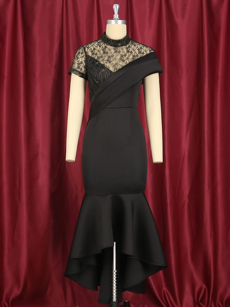 Black Dress Lace Patchwork Elegant for Women Party Sheer Sleeves Slim See  Through Mermaid Large Size Lady Homecoming Robes Gowns - AliExpress  200000345