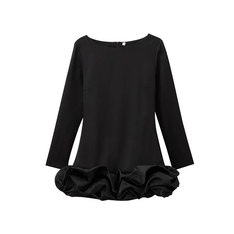 Vestido corto sexy con lentejuelas Y2K y volantes para mujer, elegante, sin espalda, cuello redondo, manga larga, negro, ajustado, para fiesta de otoño