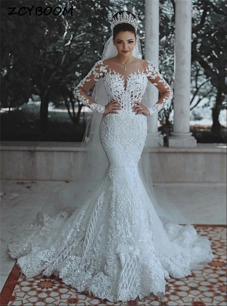 

Elegant Tulle Appliques Lace Sequins Mermaid Full Sleeves Wedding Dresses 2024 Sweep Train Bridal Gowns Vestido De Noiva