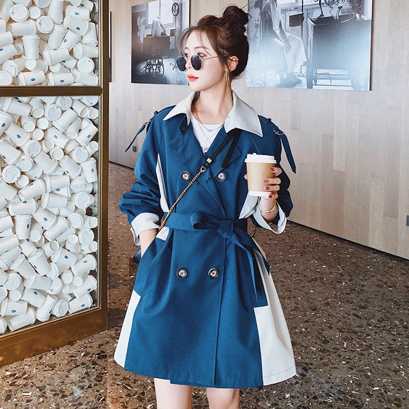 

Elegant Patchwork Color Contrast Women Short Windbreaker Autumn Loose With Sashes Lapel Double Breasted Long Sleeve Trench Coat