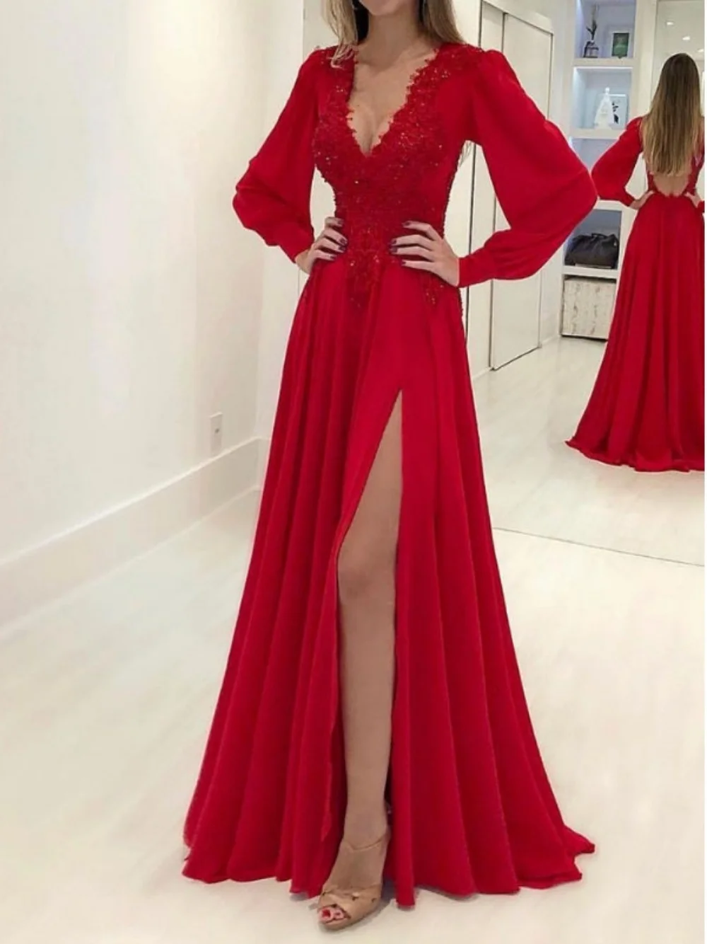 

Red Prom Dress V-Neck Long Sleeves Lace Appliques Sexy Side Split Floor-Length Wedding Party Dress 2024New Formal Evening Dress