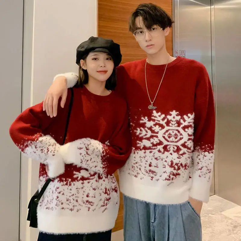 2023 New Round Neck Red Couple Christmas Sweater Soft Thick Snowflake Pattern Ins Vintage Loose Pullovers Men\'s Winter Sweater