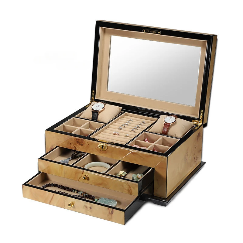 

Necklace Bangles Jewelry Organizer Solid Wood Engagement Ring Earrings Storage Box Bracelets Watch Display Case with Mirror