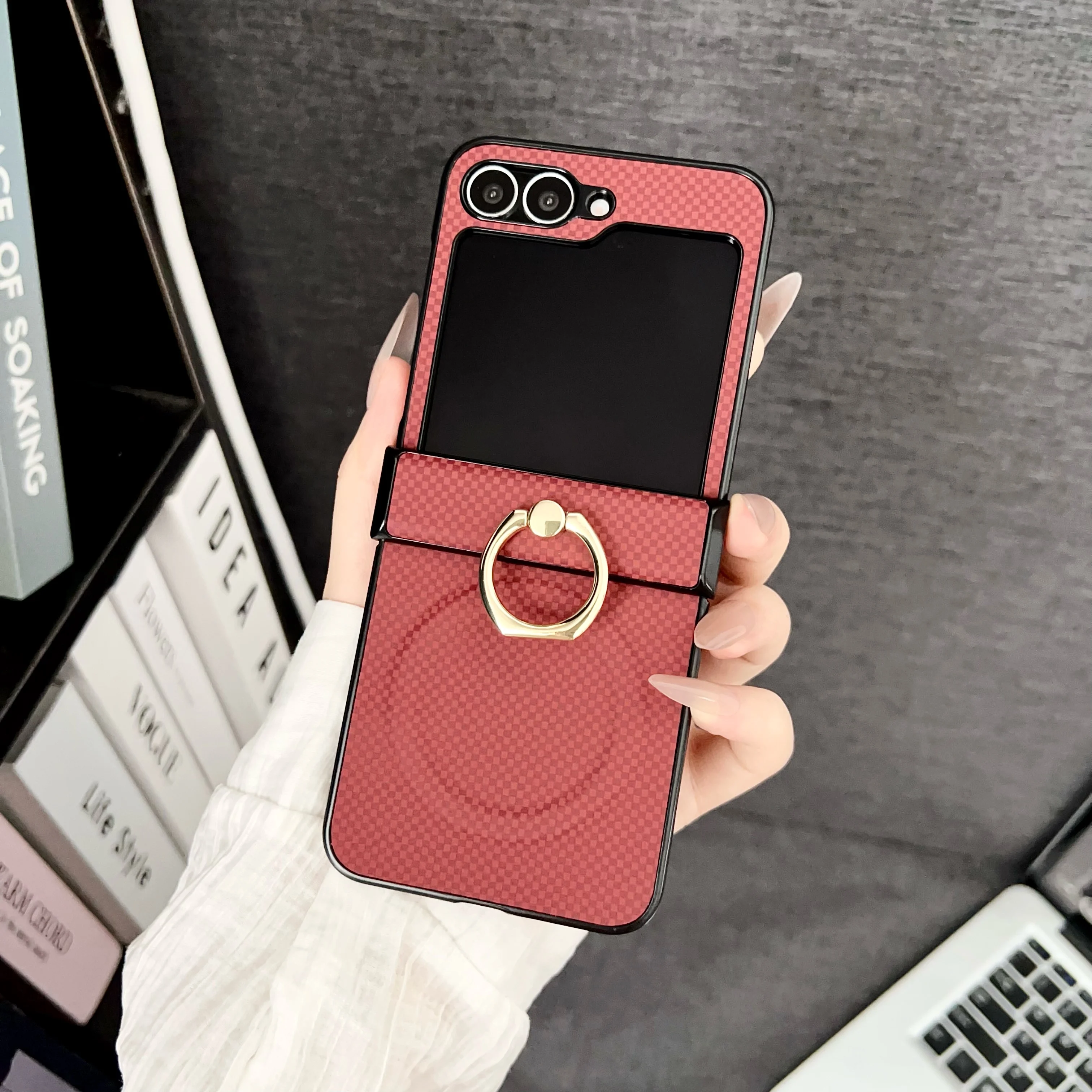Deluxe Magnetic Phone Case with Ring Stand & Grid Texture - Magsafe Compatible