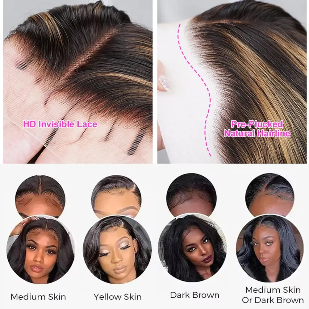 250% Density Wear and Go Glueless Wig Ombre 1B /27 Colored 13x4 Bone Straight Transparent Lace Frontal Human Hair Wigs For Women
