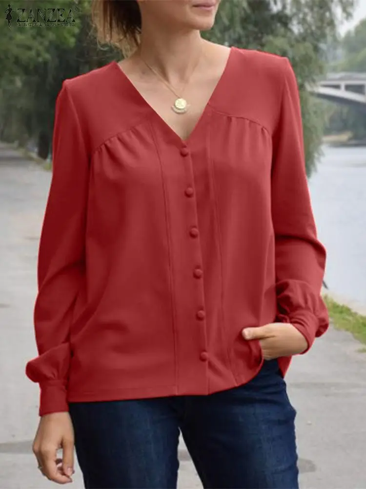 

ZANZEA Women V-neck Bkouse Fashion Solid Patchwork Tops 2024 Spring Casual Buttons Tunics Holiday Pleats Long Sleeve Shirt Femme