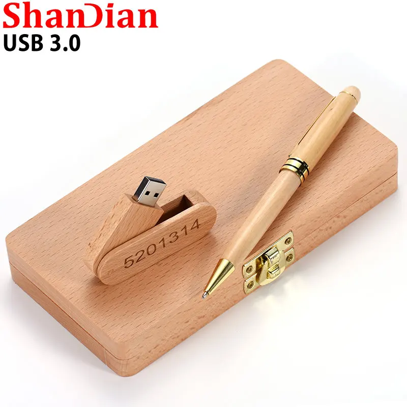 SHANDIAN USB 3.0 Pen drive Ballpoint Memory stick Wood Pendrive Free Custom logo 64GB flash drive Business Wedding gift box