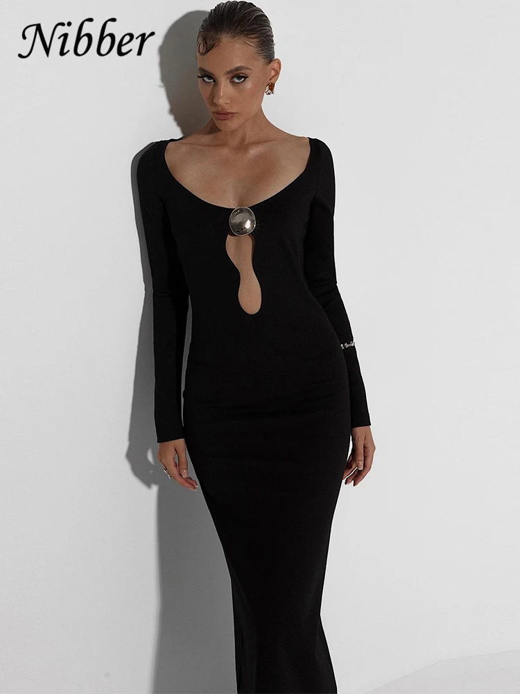 Nibber Metal Patchwork Dress Women Low-Neck Hollow Full Sleeve Fit Autumn Trend Elegant Club Party Banquet Stretch Long Bodycon