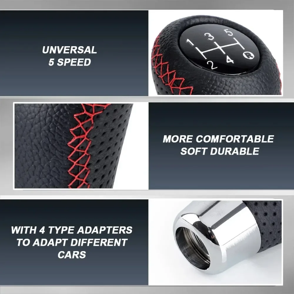 Universal 5-Speed Manual Gear Shift Knob with Red Stitch Leather Car Gear Stick Lever for Manual Transmission - M8 M10 M11 M12