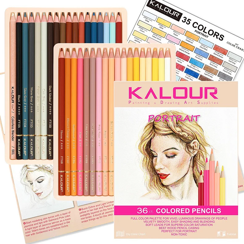 KALOUR Skintone-Buntstifte, 36 Stück, Premium-Holzkohle, lebendiger, leuchtender Zeichenstift, Porträt-Set, weiche Minen, einfache Beschattung, Mischung – Detail 1