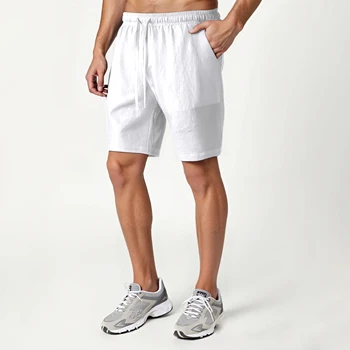 Pantaloncini stringati in cotone e lino traspirante tinta unita da uomo estivo con tasche pantaloni casual da uomo adatti per gli sport all'aria aperta 1