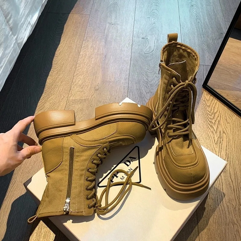

Leisure Ankle Boots Women Autumn Spring Casual Canvas ZIP Lace up Shoes for Women Hoof High Heels Solid Pleated Modern Boots