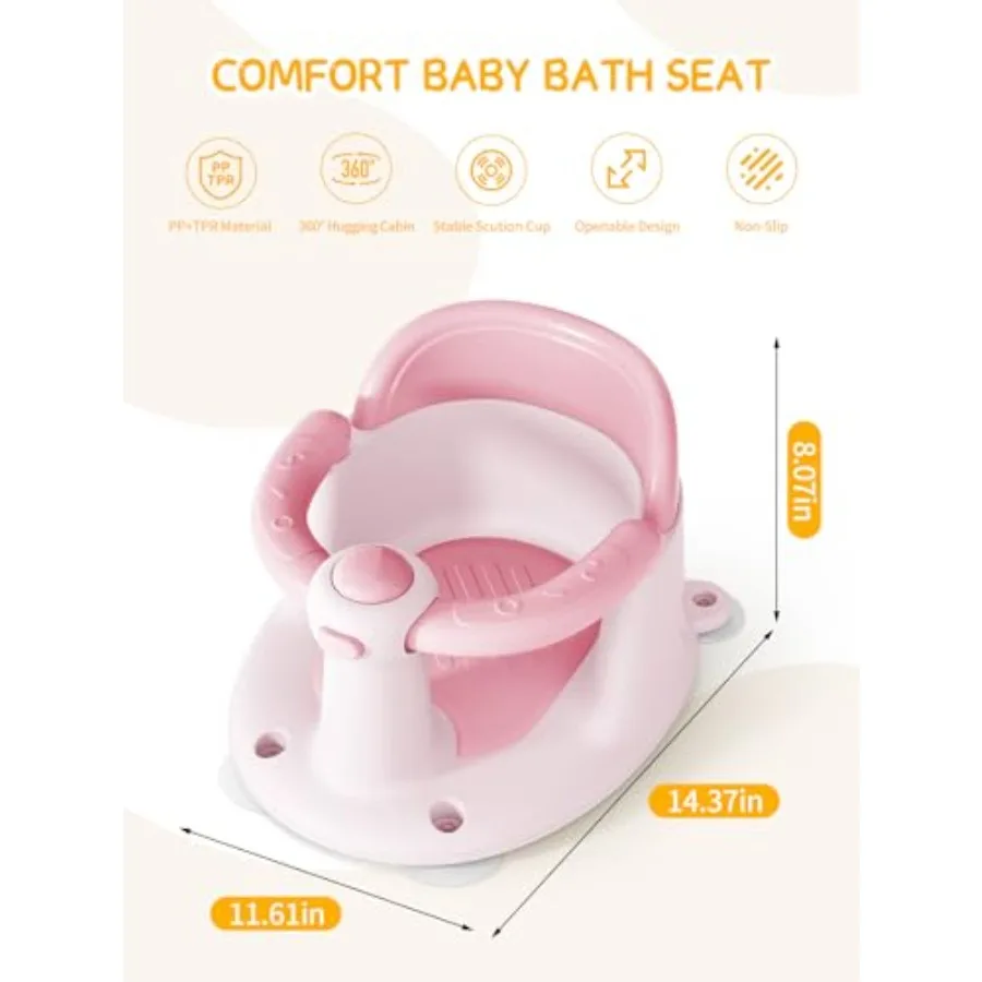 Baby Bath Seat for Babies 6 Months Up - Bathtub Seats with 3 Baby Bath Toys Non-Slip Comfortable Infant Bath Essentials Pink