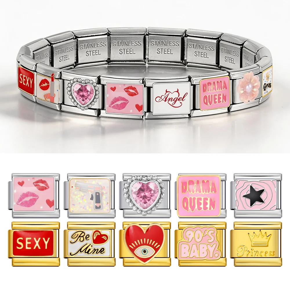New Personalized ANGEL SEXY 90'S Princess Queen Pink Color Italian Charm 9mm Stainless Steel Making DIY Bracelet Women Jewelry 1