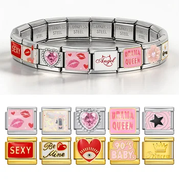 New Personalized ANGEL SEXY 90'S  Princess Queen Pink Color Italian Charm 9mm Stainless Steel Making DIY Bracelet Women Jewelry 1
