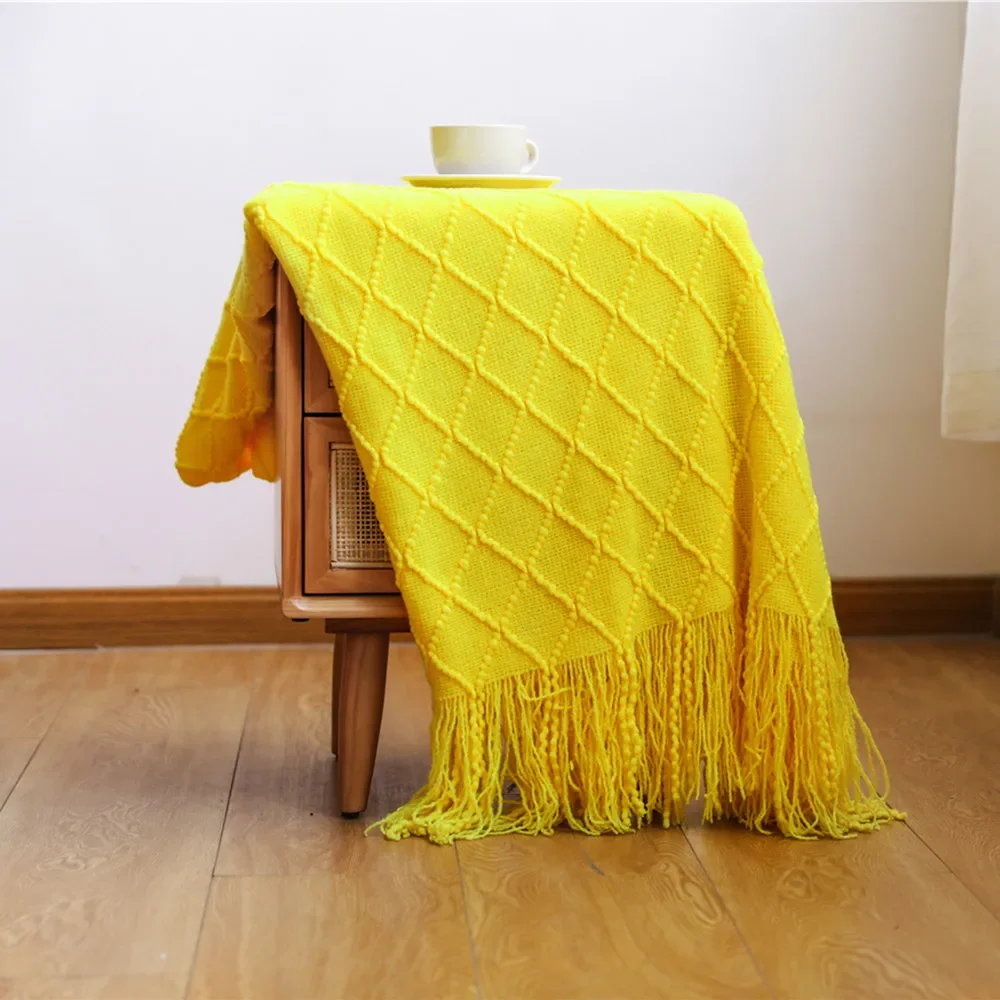 Green Knitted Throw Blanket for Beds with Tassel Gray Blue Solid Textured Plaid Sofa Cover Nordic Bed End Decor Soft Nap Blanket 4