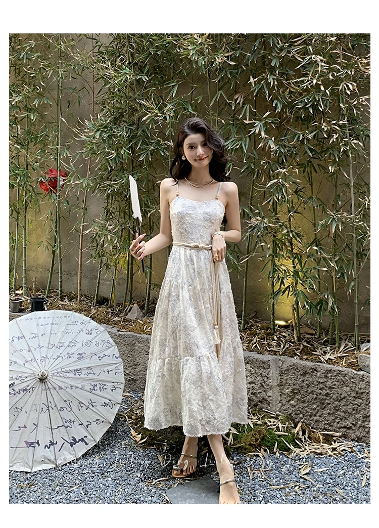 

New Chinese Style Ink Butterfly Jacquard Sling Dress Women's Summer Seaside Vacation Style Large Skirt Tea Dress