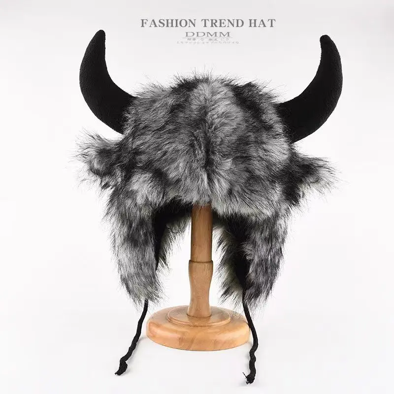 Imitation Fox Fur Cow Horn Decoration Cap Winter Warm Ear