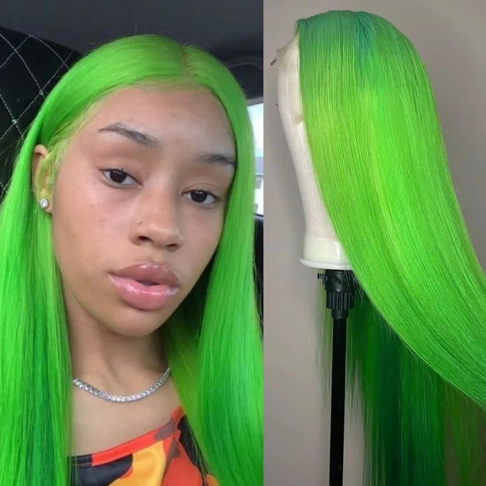 

RONGDUOYI Synthetic Hair Lace Front Wig Green Colored Women Wig Long Natural Straight Middle Part Cosplay Costume Party Use Wigs