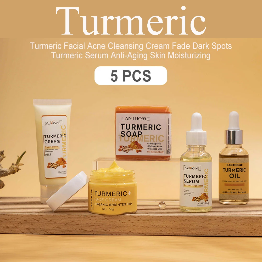 Facial Acne Cleansing Cream Face Care Sets Turmeric Fade Dark Spots Turmeric Serum Anti-Aging Skin Moisturizing 5pcs