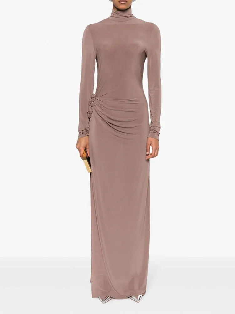 

y2k autumn and winter three-dimensional flowers long side slit Womens dresses2023 Slim thin long sleeve formal occasion dresses