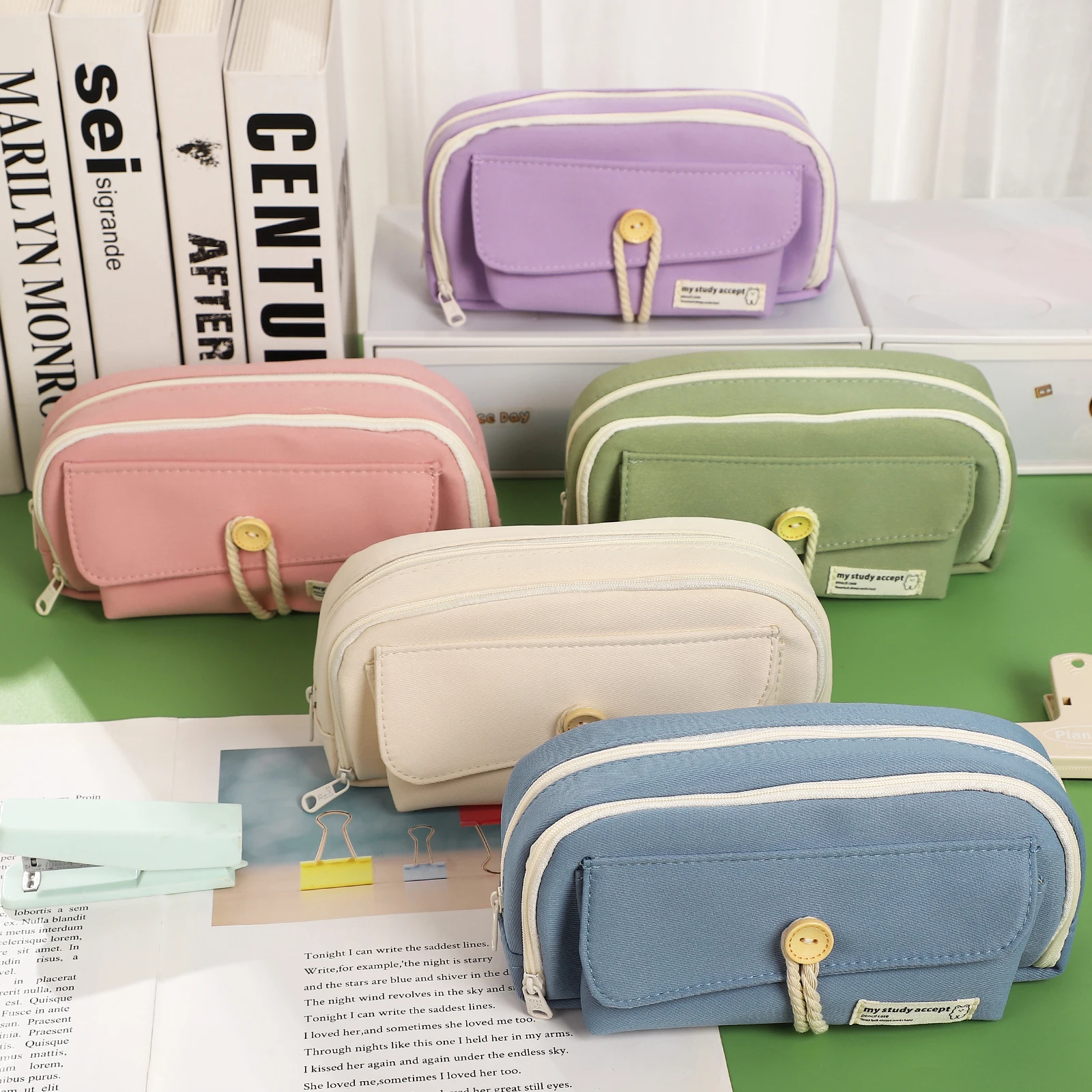 

1 Pc Cotton Rope Button Large Capacity Pencil Case Creative DIY Student Supplies Stationery Storage Canvas Zipper Pencil Case