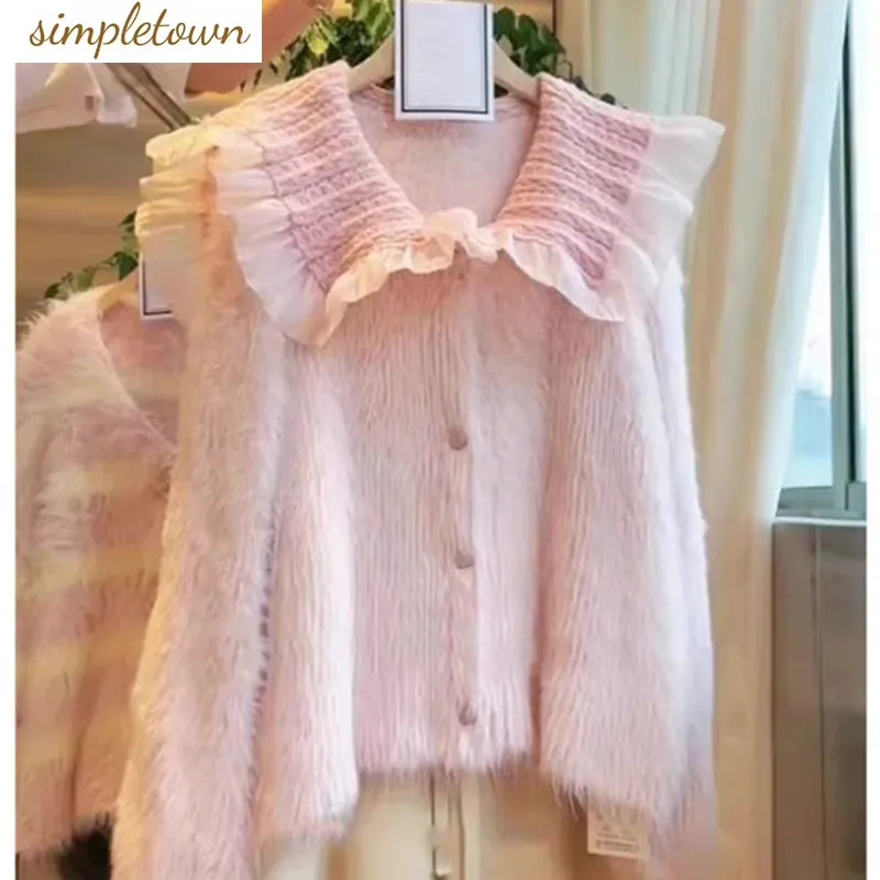 

2023 Korean Autumn/Winter New Sweet Loose Plus Plush Cardigan Fashion Doll Neck Spliced Sweater Trend