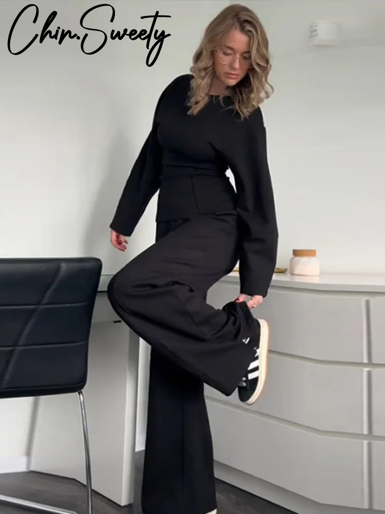 Elegant Solid Top Pants Women Set Long Sleeve O-neck Pleated Tops Wide Leg Trousers Suits 2024 Autumn Vacation Lady Suit 3