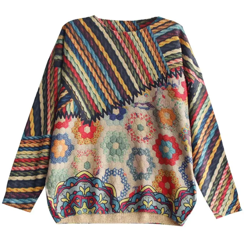 Vintage Ethnic Style Sping Autumn Sweaters Women O-Neck Striped Printing Patchwork Fashion Long Sleeve Pullovers Knitted Tops 6