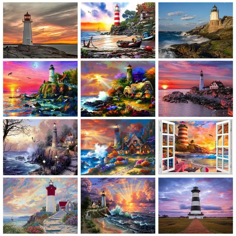 

RUOPOTY Diamond Painting Landscape Full Round/Square Embroidery Lighthouse Mosaic Sea Cross Stitch Rhinestone Kits Home Decor