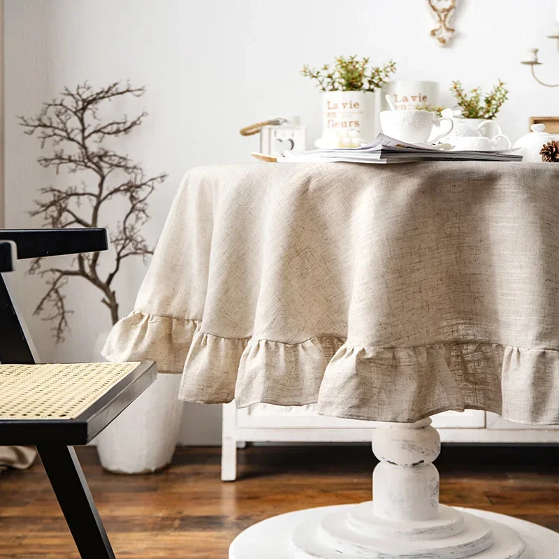 French Simple Ruffle Cotton Linen Tablecloth Round Tea Table Party Decoration