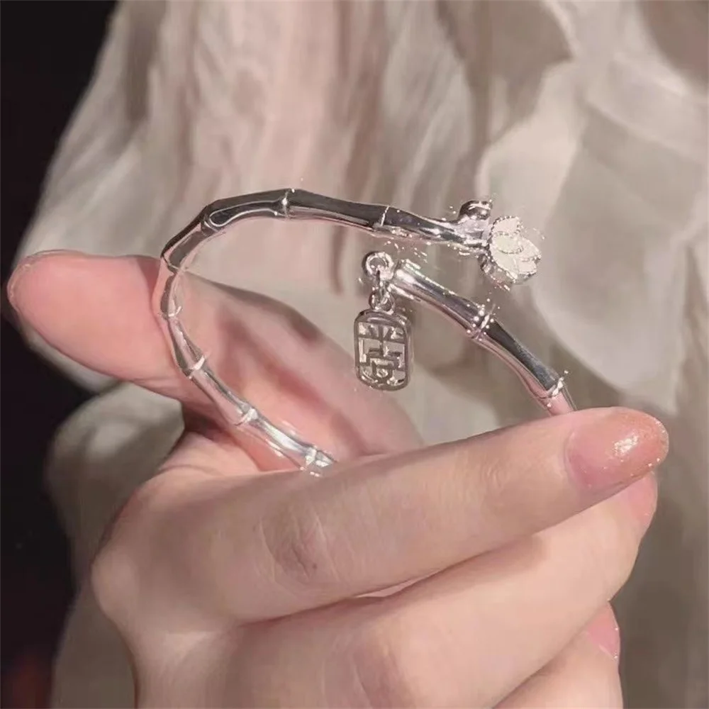 Bamboo Bracelet For Women Silver Color Fashion Lotus Flower Make A Wish Women Jewelry Birthday Present Gift
