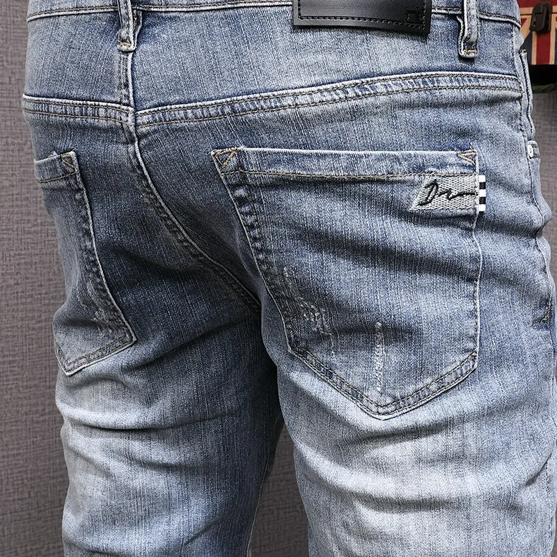 Short Jeans Men Streetwear Ripped Denim Shorts Summer Fashion Casual Light Blue Stretch Slim Fit Pants
