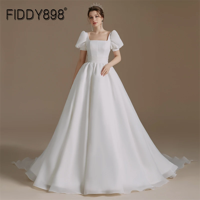 

FIDDY898 Simple A Line Wedding Dress Square Neck vestido de noiva Short Sleeves Half Open Back Wedding Gown QD06101