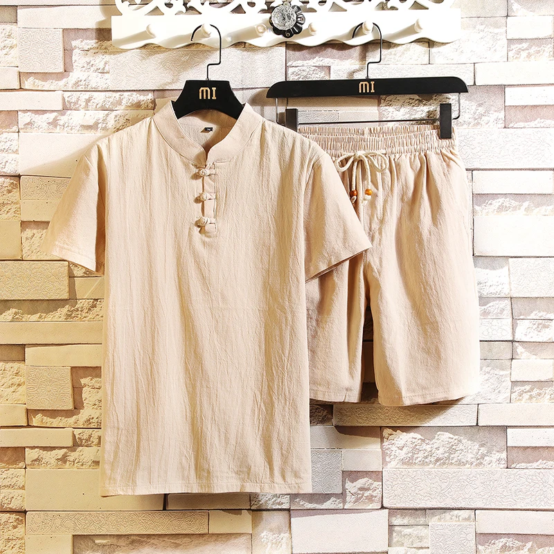 

Костюм мужской из хлопка и льна, с коротким рукавом и шортами, размеры до 5XL