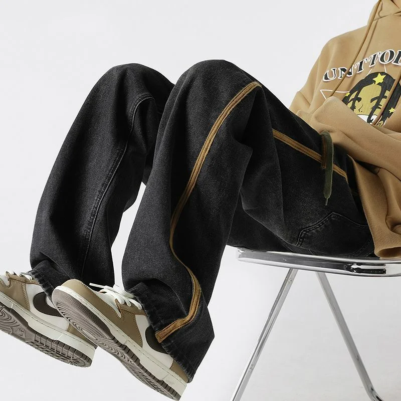 American High Street Trend Fashion Street Wide Jeans Men's Drawstring Pocket Patchwork Folds Washed Casual Loose Straight Pants