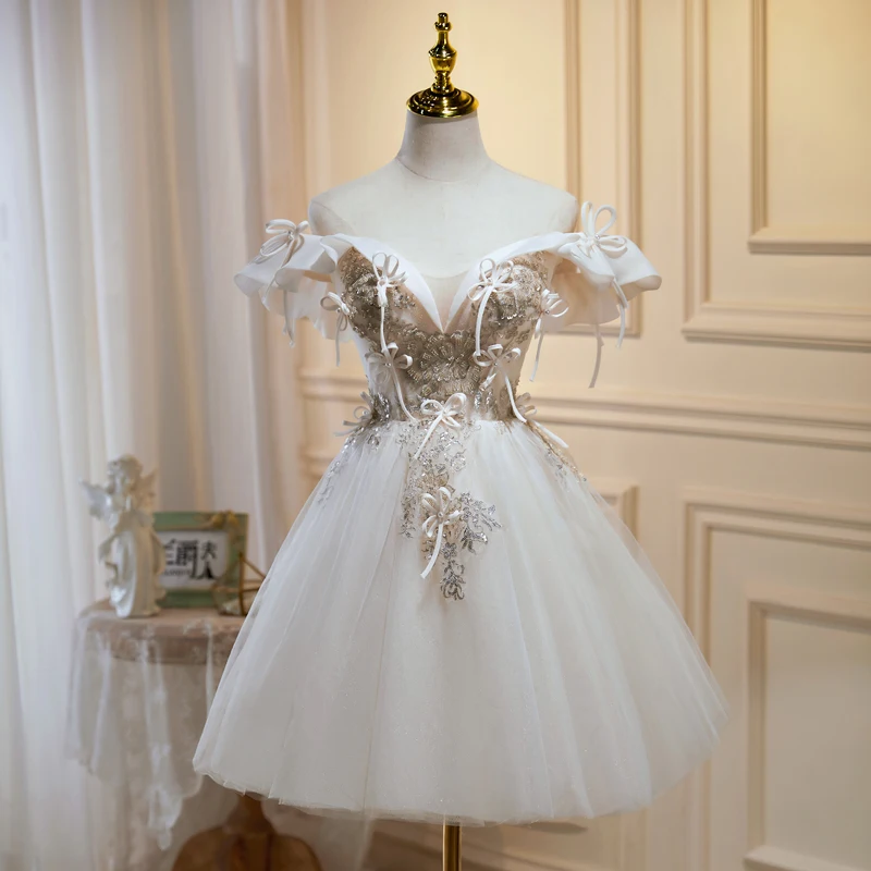 

Sequins Ruffles Short Sleeves Evening Dress Boat Neck Pleat Knee Length Appliques A-Line New Plus Size Women party Dresses B2472