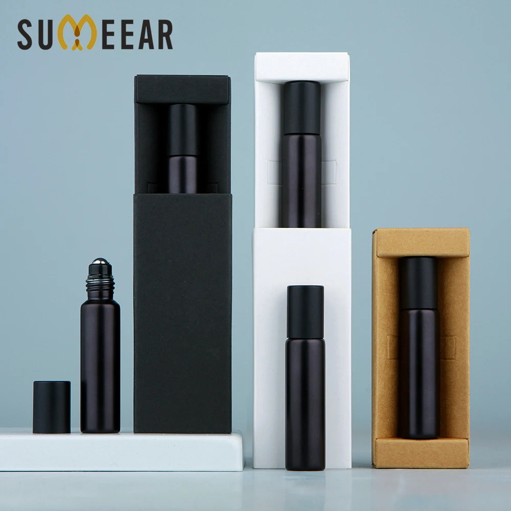 

50Pcs/Lot 5ml 10ml Matte Black Essential Oil Bottle With Box Roll On Perfume Bottle Cosmetics Container Print LOGO Pay Extra