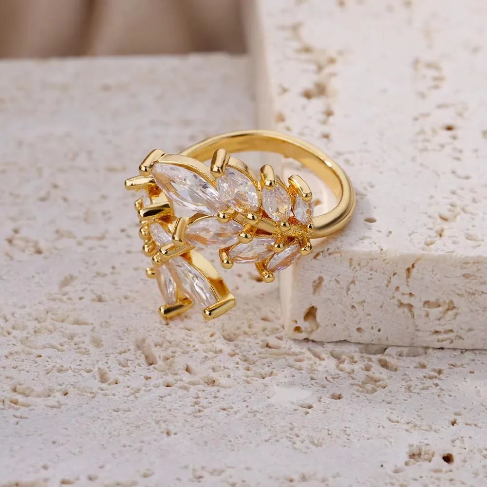 Zircon Wheat Rings Gold Color Stainless Steel Adjustable Ring