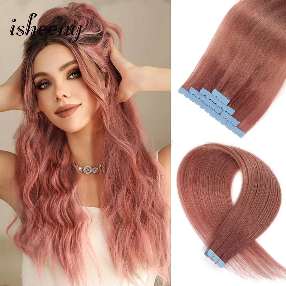isheeny Pastel Pink Tape in Human Hair Extensions 10pcs/pck Mini Tape Hair On Glue 12 16 20 inches Fancy Color Hair Pieces