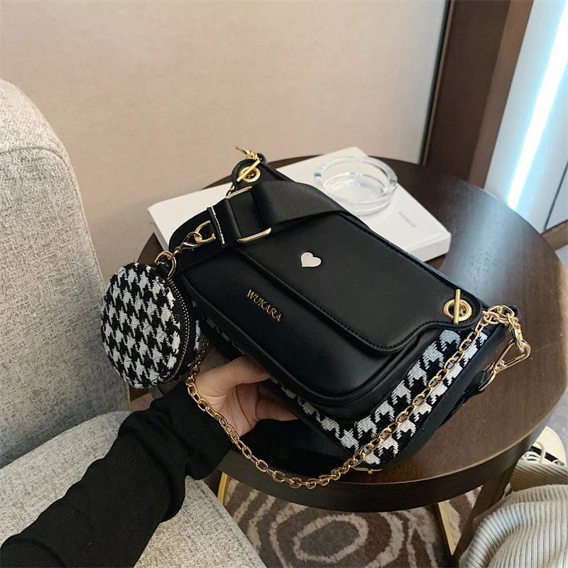 

3-In-1 Crossbody Bag Set For Women 2022 Luxury Designer Handbag And Purses Houndstooth Chain Shoulder Messenger Bags Bolso Mujer