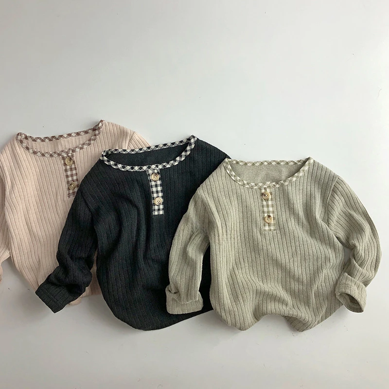 

Korean style Kids sweater contrast color O Neck long sleeve base T shirts Boys and girls Thin casual knit pullover